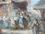 a painting of a group of people walking down a street