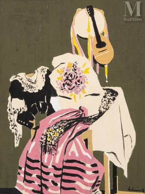 une image représentant un tableau où l'on voit une femme assise sur une chaise avec une guitare