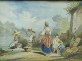a painting of a group of people sitting on the ground