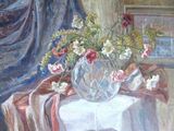une peinture représentant un vase de fleurs sur une table