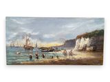 painting of a beach scene with boats and people on the shore