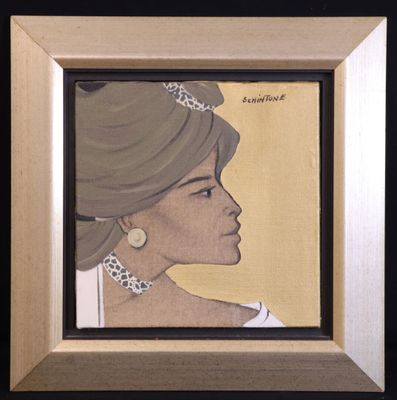 painting of a woman with a turban and earrings in a wooden frame