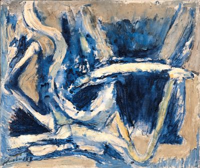 an abstract painting of a woman in a blue dress sitting on a chair