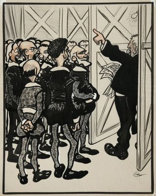 une image représentant un dessin en noir et blanc d'un homme prononçant un discours devant un groupe de personnes