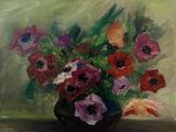 une peinture de fleurs dans un vase sur une table