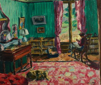 tableau représentant une femme assise dans une pièce avec un chien