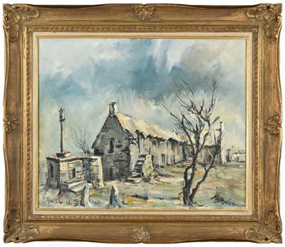 un tableau représentant une scène de vie à la ferme avec une maison en arrière-plan