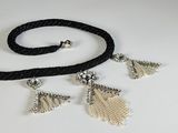 necklace and earring set with pearls and silver beads on a black cord