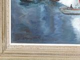 a painting of a boat in the water with people on it