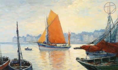 many boats that are in the water with orange sails