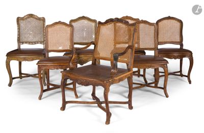 lot de six chaises de salle à manger à dossier en osier français, avec assise rembourrée en cuir