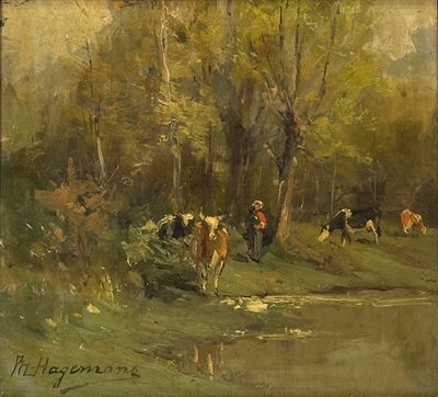 painting of a group of people riding horses in a wooded area