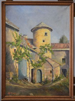 an oil painting of a building with a tree in front of it