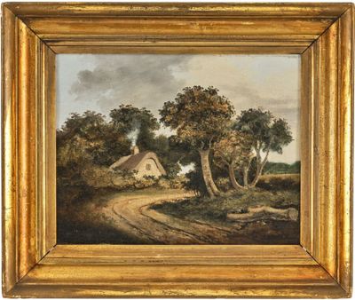 une peinture représentant une route de campagne avec une maison en arrière-plan