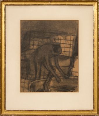 dessin représentant un singe dans une cage, encadré et accroché au mur