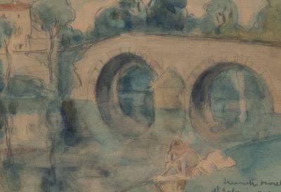 une aquarelle représentant un homme et une femme sur un bateau