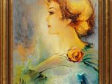 une peinture représentant une femme avec une fleur dans les cheveux