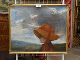 a painting of a woman with a hat on a stand