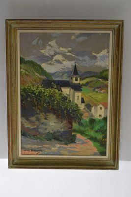 Louis BERTRAND, "Paysage et église", huile sur panneau, sign…