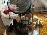 a fan in the corner of a room next to a christmas tree
