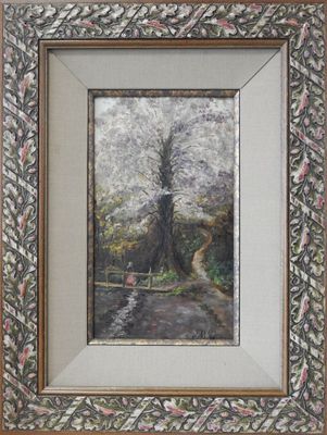 framed oil painting of a tree in a park with a path in the foreground and a path in the foreground