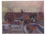 a painting of a group of boats on the water