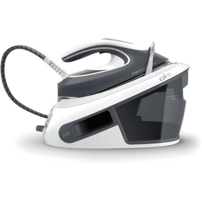 an image of a black and white steam iron on a white background
