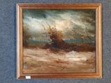 une peinture à l'huile représentant un bateau dans un plan d'eau