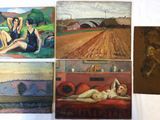 four paintings of women sitting on a couch in front of a white background