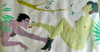 un tableau représentant un homme et une femme allongés sur un lit