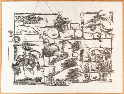drawing of a drawing of a kitchen with a lot of things on the counter