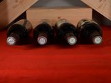 several bottles of wine are lined up on a red cloth