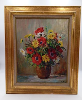 une peinture à l'huile représentant un vase de fleurs sur une table