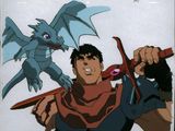 une image représentant un homme tenant une paire de ciseaux à côté d'un dragon