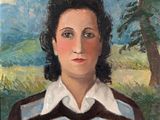painting of a woman in a striped shirt with a tree in the background