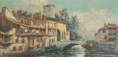 painting of a river with buildings and a bridge in the background