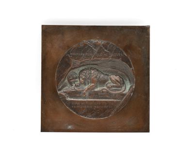 bronze plaque depicting a man and a dog in a field