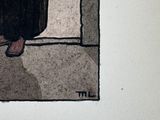 a drawing of a woman standing in a doorway