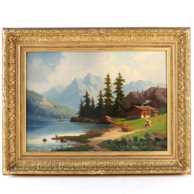 une image représentant un tableau représentant une cabane au bord d'un lac