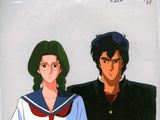 two anime characters are standing next to each other in front of a white background