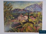 an image of a painting of a village with mountains in the background