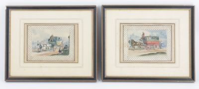 pair of watercolor paintings of a horse drawn carriage and a horse drawn carriage