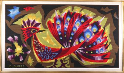 une peinture représentant un oiseau coloré sur fond noir