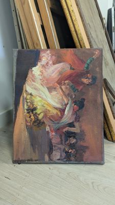 un tableau représentant une femme assise sur une chaise à côté d'une pile de photos encadrées