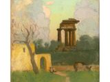 a painting of an old building and some animals in a field