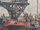 an oil painting of a boat in a body of water next to a bridge
