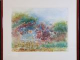 une aquarelle représentant deux chaises et une table dans un jardin