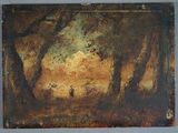 tableau représentant un paysage boisé avec une personne marchant au loin