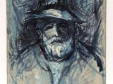 painting of a man with a hat and a cigarette in his mouth