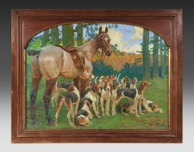une image d'un tableau représentant un cheval et des chiens dans un champ
